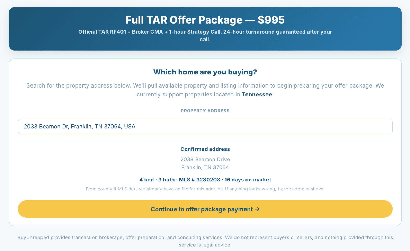 BuyUnrepped app screen where a buyer enters a Tennessee property address to start an offer
