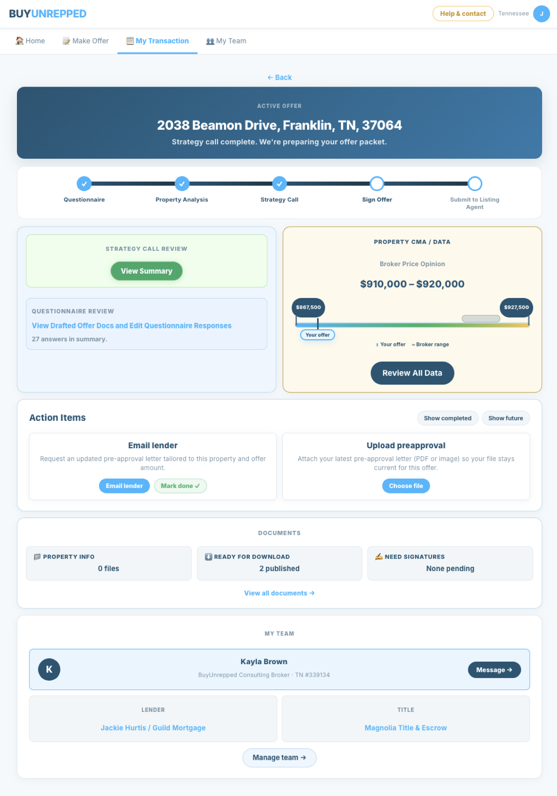 BuyUnrepped dashboard showing broker price opinion and offer range