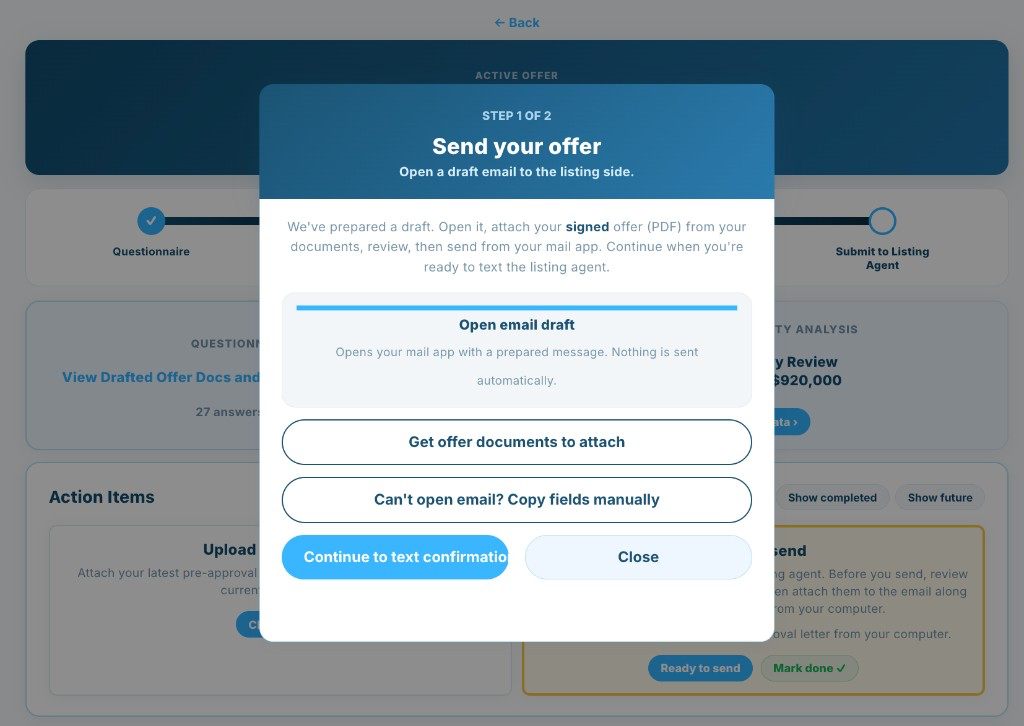 BuyUnrepped send-offer modal with draft email and attachment steps